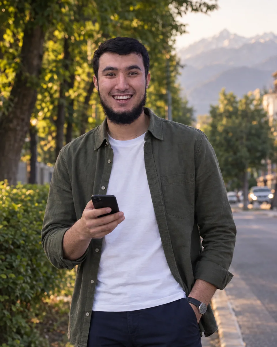 Damir with his phone in Almaty